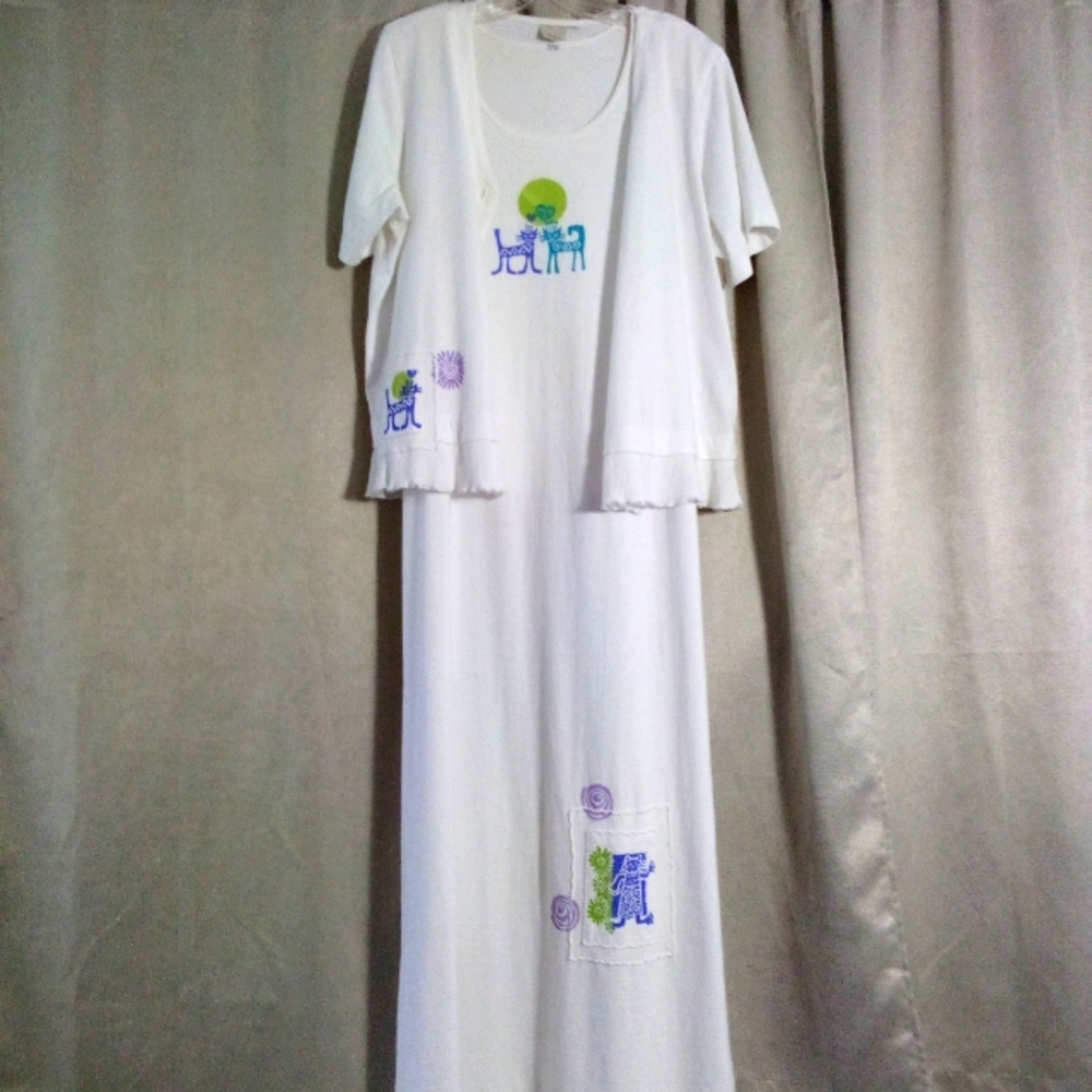 Vintage 90's Focus 2 Piece Dress Set White with Cat Theme Size L